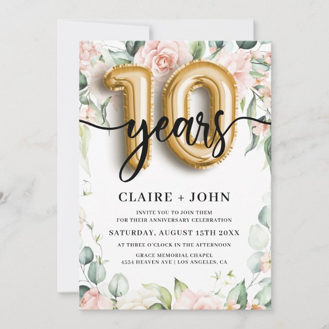 10th Gold Balloon Years Anniversary Invitation (Front)