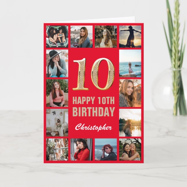 10th Happy Birthday Red and Gold Photo Collage Card (Front)