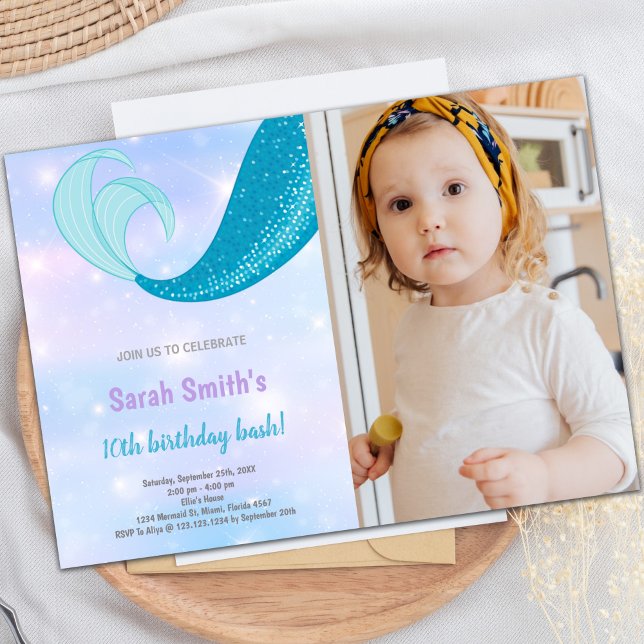 10th Mermaid Birthday Invitations with Photo (10th Mermaid birthday invitations with photo)