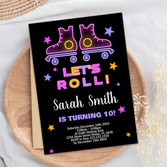 10th Neon Pink Purple Skating Birthday Invitations (10th Neon Pink Purple Skating Birthday Invitations)