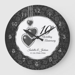 10th Onyx Wedding Anniversary - Black Damask Large Clock
