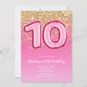 10th Ten Balloon Glitter Birthday Party Invitation