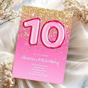10th Ten Balloon Glitter Birthday Party Invitation