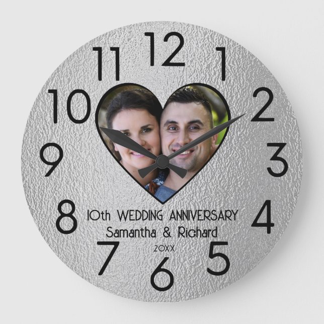 10th Tin Wedding Anniversary Couple Name Photo  Large Clock (Front)
