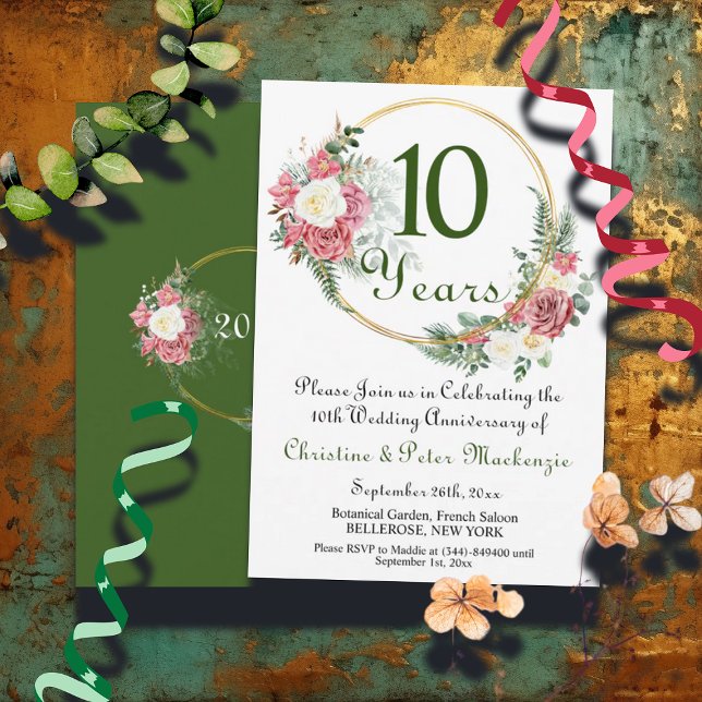 10th Tin Wedding Anniversary Roses Gold Frame Invitation (Creator Uploaded)