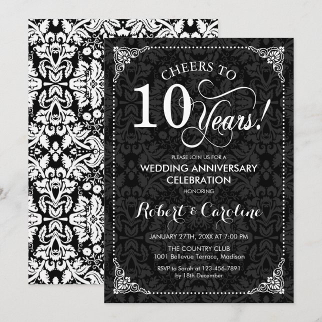 10th Wedding Anniversary - Black White Damask Invitation (Front/Back)