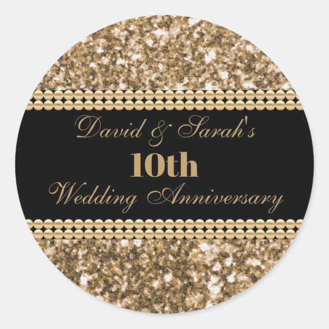 10th Wedding Anniversary Celebration Gold Glitter Classic Round Sticker (Front)
