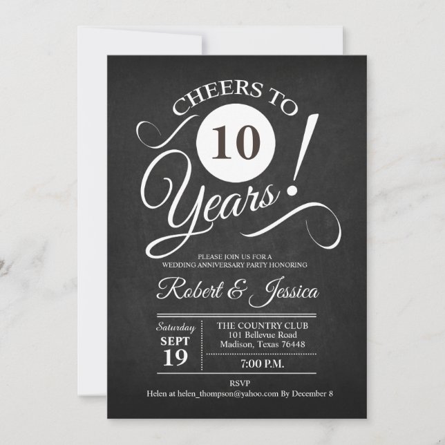 10th Wedding Anniversary - Chalkboard and White Invitation (Front)