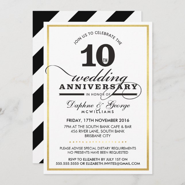 10TH WEDDING ANNIVERSARY classy stylish gold black Invitation (Front/Back)