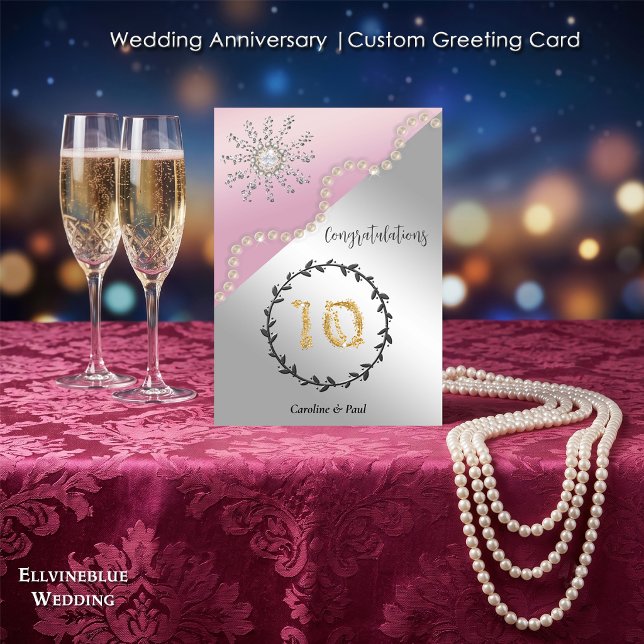 10th Wedding Anniversary | Clear Diamond & Pearls Card (Double-sided 10th Wedding Anniversary. 100% editable with message inside. 5”x7”.)