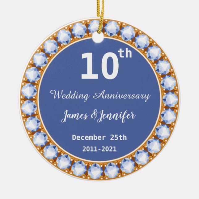 10th Wedding Anniversary diamond Custom Names Ceramic Tree Decoration (Front)