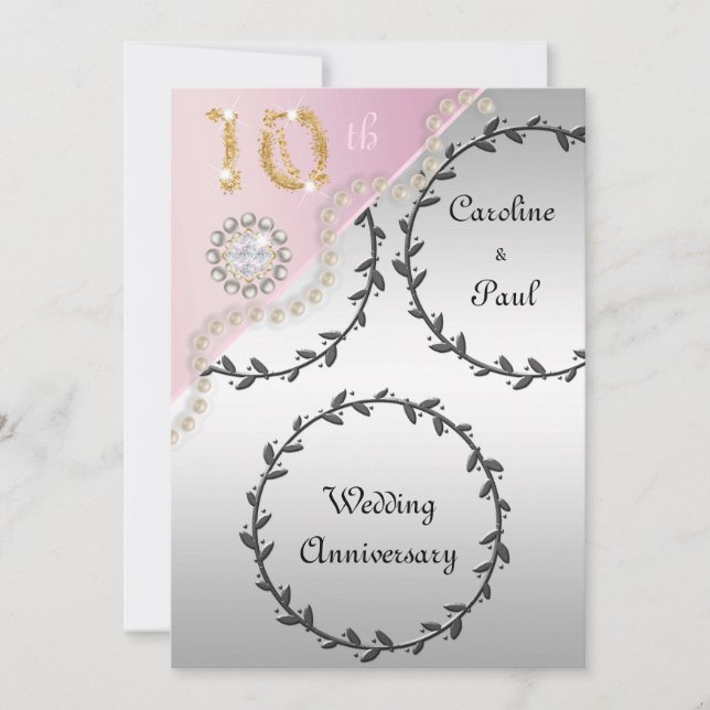 10th Wedding Anniversary Embossed Silver Rose Gold Invitation (Front)