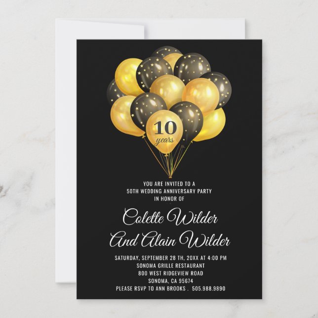 10th Wedding Anniversary Gold And Black Invitation (Front)