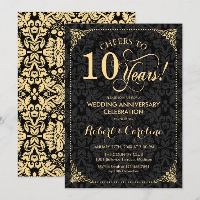 10th Wedding Anniversary - Gold Black Damask Invitation (Front/Back)