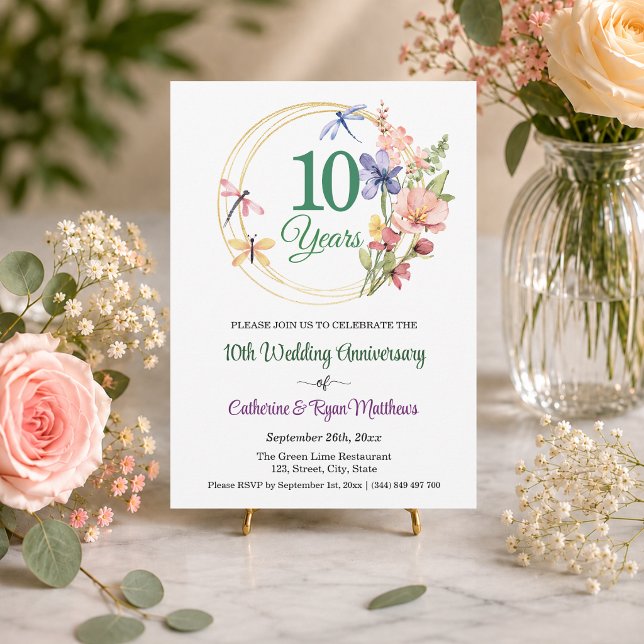 10th Wedding Anniversary Gold Frame Floral Invitation (Creator Uploaded)