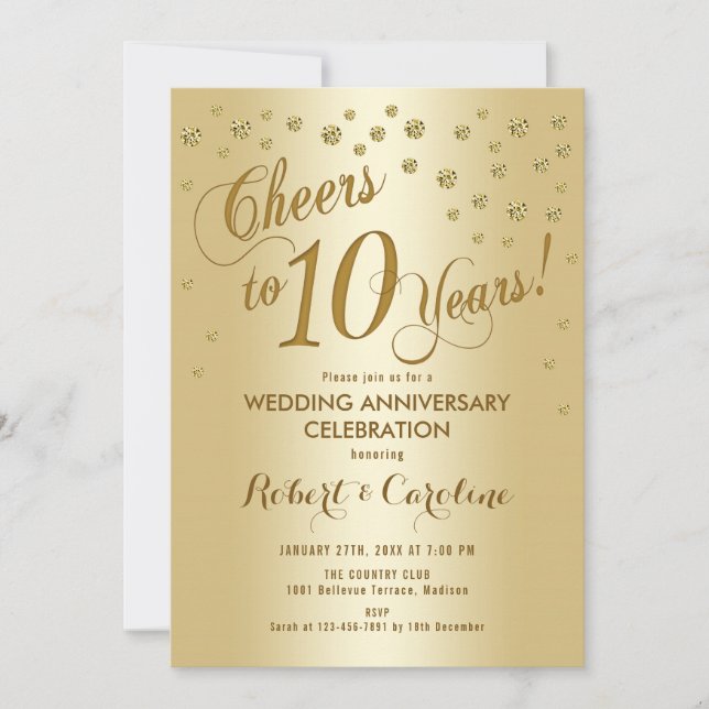 10th Wedding Anniversary Invitation in Gold (Front)