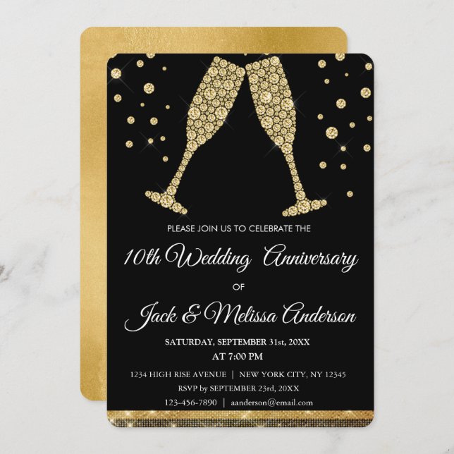 10th Wedding Anniversary Party Champagne Glasses Invitation (Front/Back)
