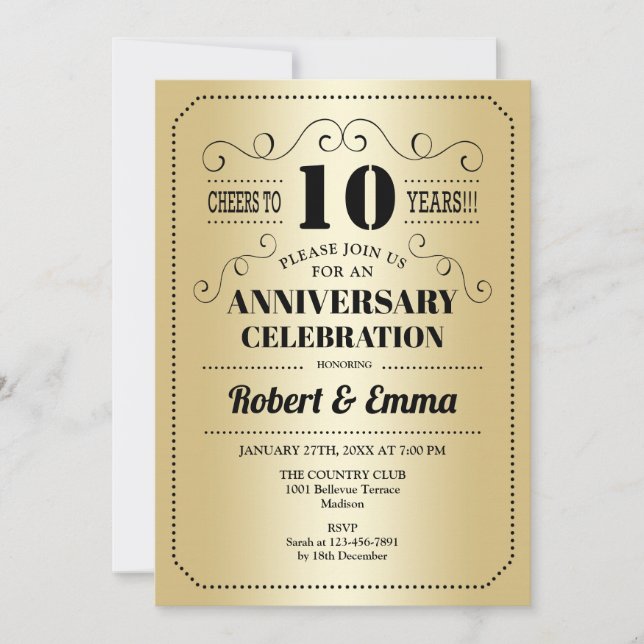 10th Wedding Anniversary Party - Gold Black Invitation (Front)
