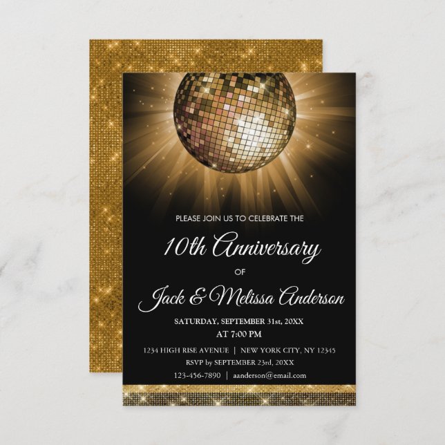 10th Wedding Anniversary Party Gold Disco Ball Invitation (Front/Back)