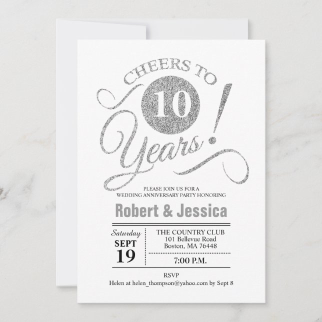 10th Wedding Anniversary Party - Silver White Invitation (Front)