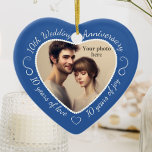 10th Wedding Anniversary Photo Ceramic Tree Decoration<br><div class="desc">Celebrate a 10th happy year of marriage with a custom photo ornament in a delightful heart shape frame. Simply upload your own photo of the married couple and it will appear in the cutout. The blue surround features a white script font and decorations. The words are: 10th Wedding Anniversary -...</div>