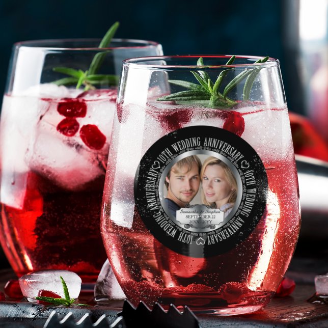 10th Wedding Anniversary Photo Names Date Stemless Wine Glass (Elegant Black and Silver Tone (Tin Look) 10th Wedding Anniversary Photo Stemless Wine Glass)