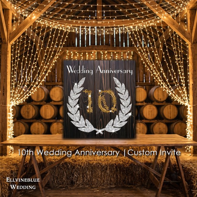 10th Wedding Anniversary | Rustic Wood & Gold Invitation (10th Wedding Anniversary Invite | Rustic Wood & Diamond Laurel. Size: 5.25” x 5.25”)