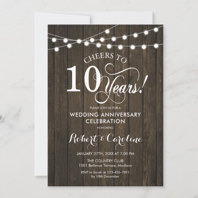 10th Wedding Anniversary - Rustic Wood Invitation (Front)