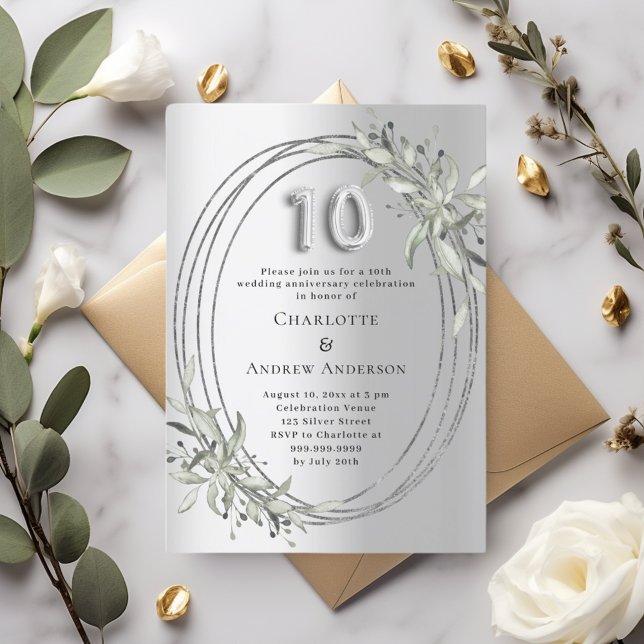 10th wedding anniversary silver greenery invitation (Creator Uploaded)