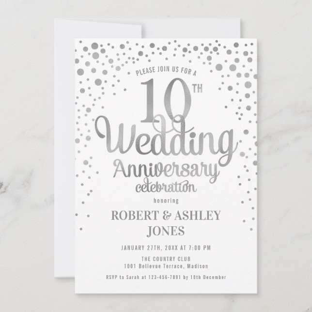 10th Wedding Anniversary - Silver & White Invitation (Front)