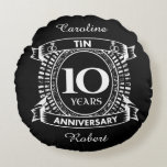 10TH wedding anniversary tin Round Cushion<br><div class="desc">Your tenth wedding anniversary has the traditional gift is tin. This crest style design is a romantic design for couples celebrating 10 years of marriage. If you would like any help customising this design please contact me, their is an ask this designer button, just below this text. 10th, 10th wedding...</div>