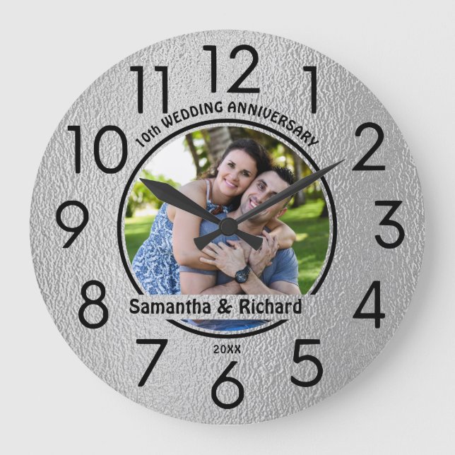 10th Wedding Tin Anniversary Couple Name Photo  Large Clock (Front)