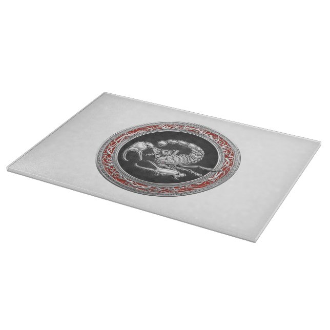 [110] Sacred Silver Scorpion on Black Cutting Board (Corner)