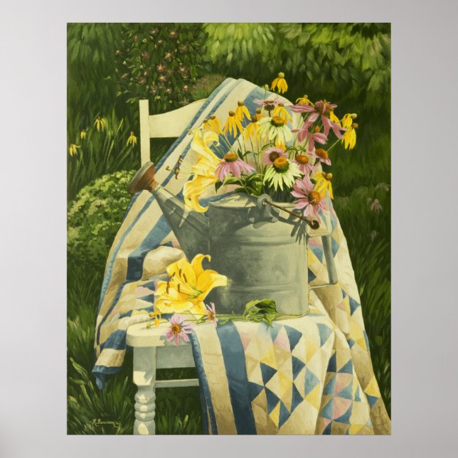 1138 Watering Can on Quilt in Garden Art Print (Front)