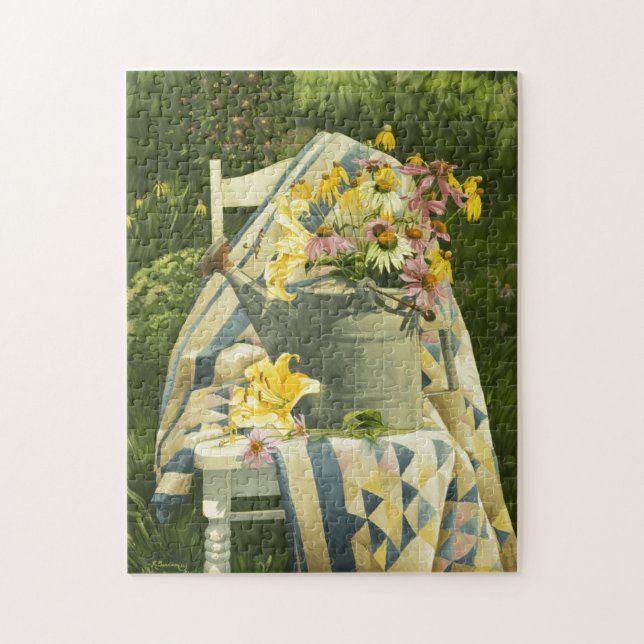 1138 Watering Can on Quilt in Garden Jigsaw Puzzle (Vertical)