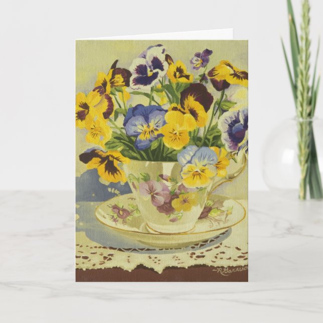 1187 Pansies in Teacup Birthday Card (Front)