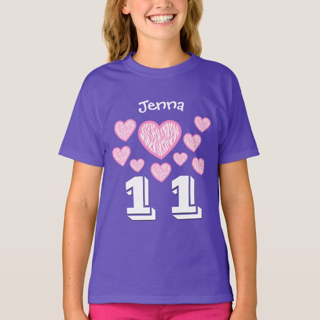 11 Birthday Girl Hearts Big Number Custom Name V11 T-Shirt (Front)