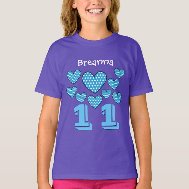 11 Birthday Girl Hearts Big Number Custom Name V22 T-Shirt (Front)