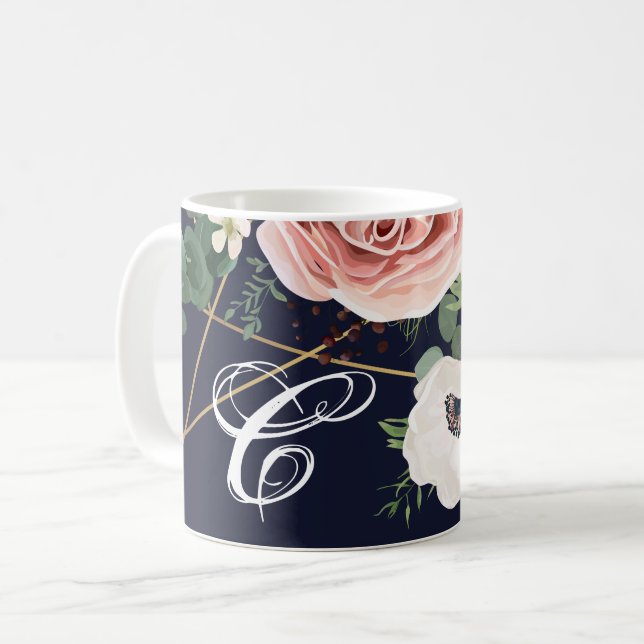 11 Oz. Coffee Mug Geometric Garden Rose Navy Blue (Front Left)