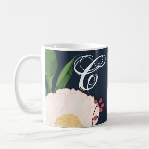 11 Oz. Coffee Mug White Floral Flowers on Dark Blu