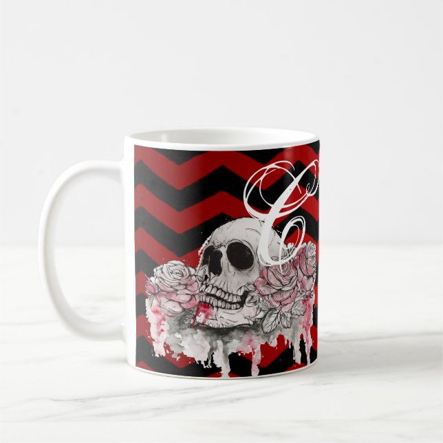 11 Oz. Coffee Mugskull Rose goth Chevron black red Mug (Left)