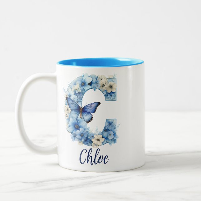 11 oz Floral Blue Monogrammed Coffee Mug (Left)