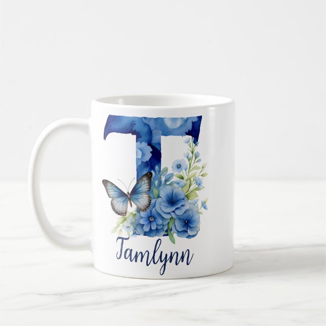 11 oz Floral Blue Monogrammed Coffee Mug (Left)