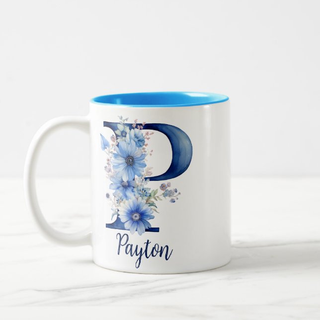 11 oz Floral Blue Monogrammed Coffee Mug (Left)