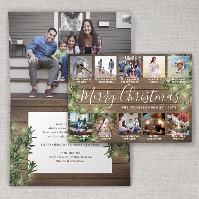 11 Photo Christmas Greenery, Wood & Lights Folded Holiday Card (Creator Uploaded)