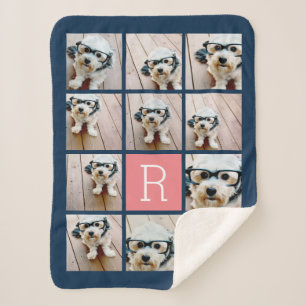 11 Photo Collage and Big Monogram blue peach Sherpa Blanket