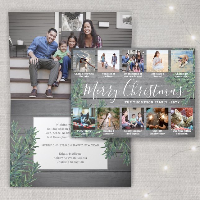11 Photo Collage Christmas Greenery & Grey Wood Holiday Card (Creator Uploaded)