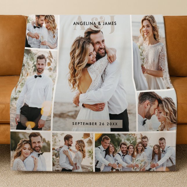11-Photo Collage Couple Initials & Names Wedding Fleece Blanket (Creator Uploaded)