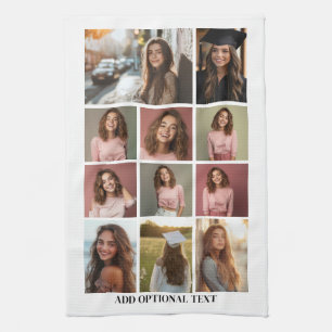 11 Photo Collage - Custom Text - Black and White Tea Towel