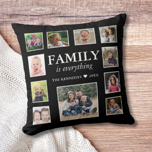 11 Photo Collage Family Name Quote Black Cushion